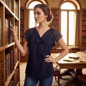 NY & Company 7th Avenue Navy Bow Blouse – Sheer Flutter Sleeves – Size S NWT